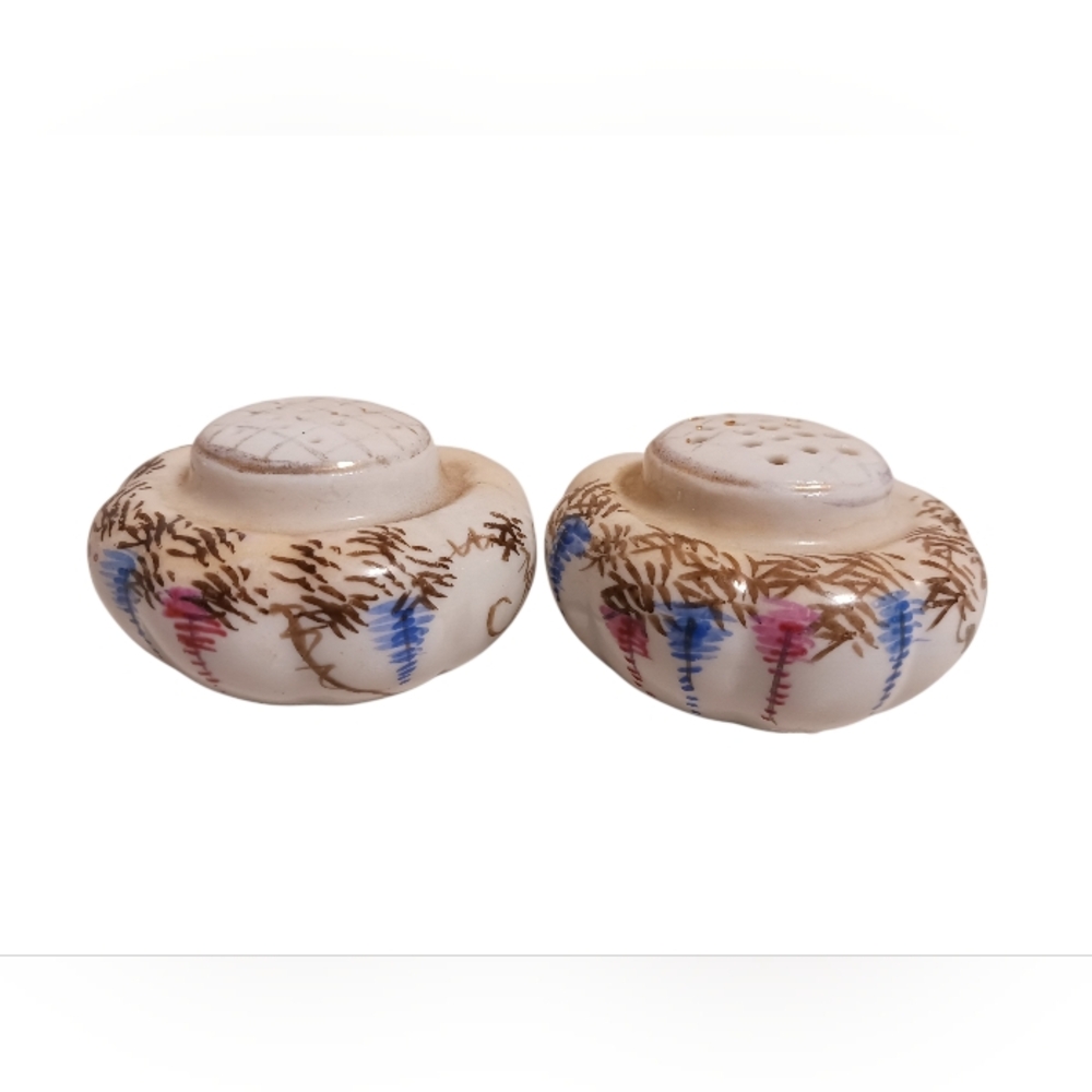 RARE VINTAGE HAND PAINTED CERAMIC JAPANESE SATSUMA SALT & PEPPER SHAKER SET 🤎